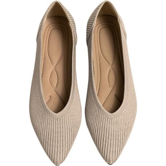 Women's Pointed Toe Knit Ballet Fashionable and Comfortable Dressy Flat Cream - Picture 1 of 6